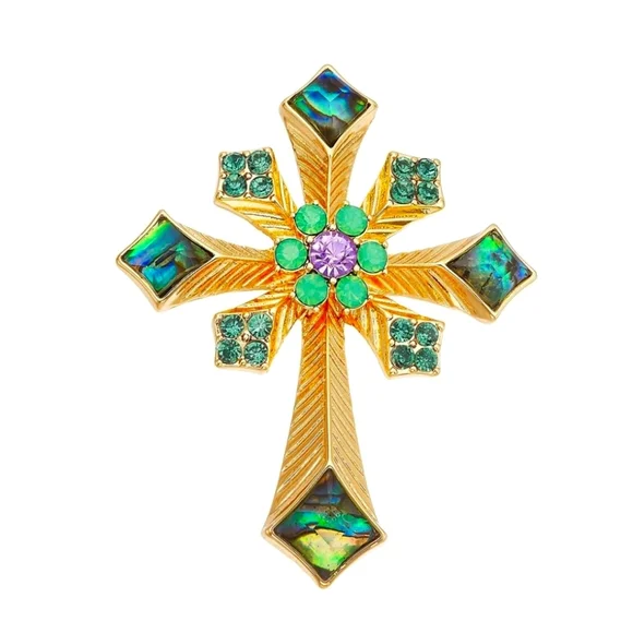 Napier Green Crystal Cross Brooch Gold Tone Rhinestone Pin NWT Religious - Picture 2 of 3